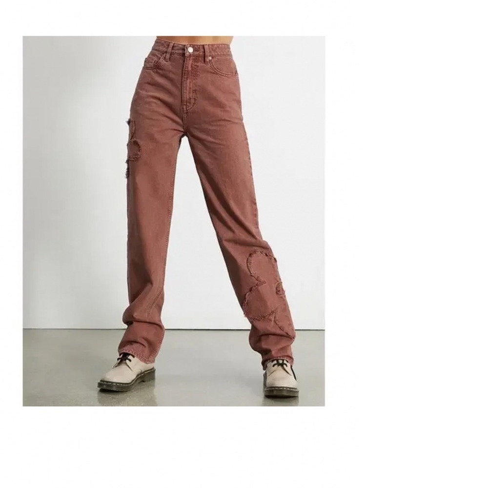 PacSun 90s Boyfriend Pink Floral Applique High Rise Straight Leg Jeans Size 22